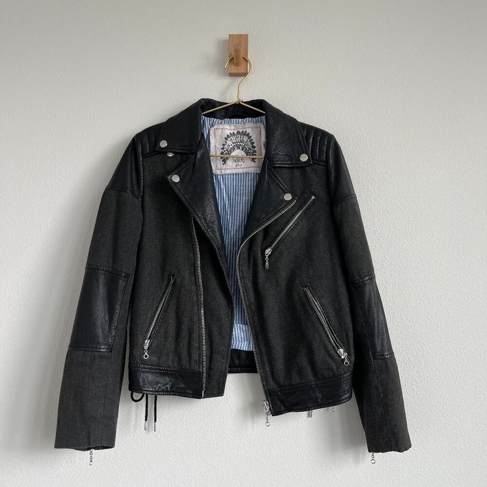 Vintage Boho Moto Leather & Cotton Patchwork Jacket - Size 0